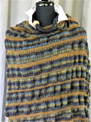 Hand Knitted Moody Midnight Shimmery Purple Copper Chestnut Striped Ruched Shawl Wrap Lap Blanket - image6